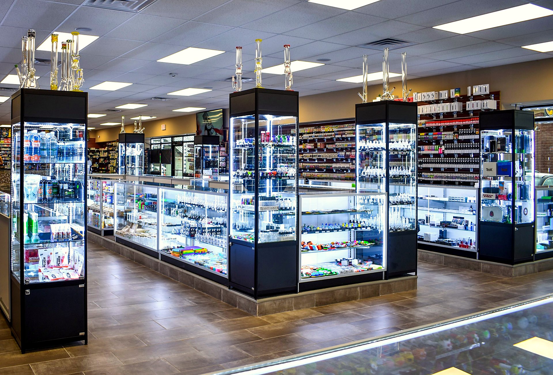 Display cases inside Moe's Smoke Shop